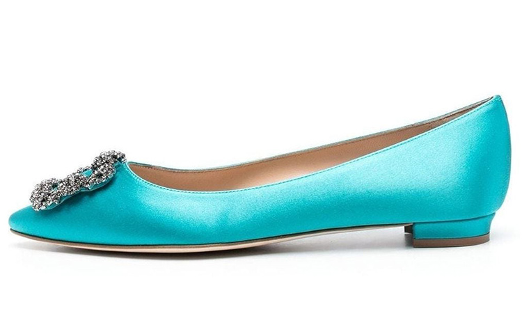 (Women) Manolo Blahnik Hangisi 'Crystal Buckle Blue Flats' 9XX-0348-0077
