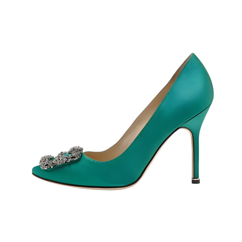 (W) Manolo Blahnik Hangisi 'Green Satin Jewel Buckle'