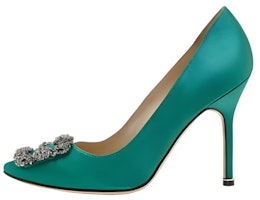 (Women) Manolo Blahnik Hangisi 'Green Satin Jewel Buckle' 9XX-0664-0048 (Women) Manolo Blahnik Hangisi 'Green Satin Jewel Buckle' 9XX-0664-0048