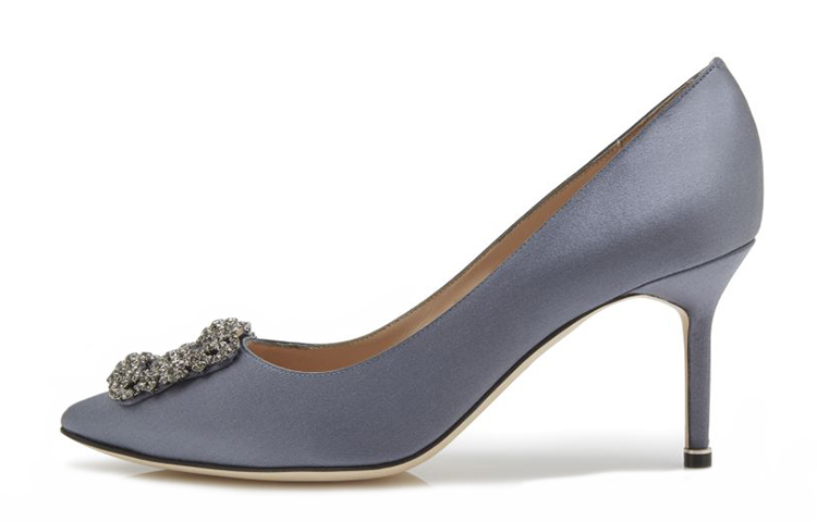 (W) Manolo Blahnik Hangisi 'Grey Satin Crystal Buckle'
