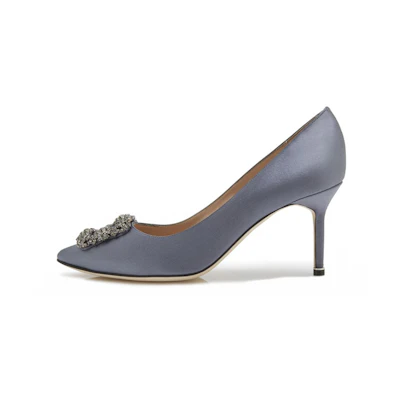 (W) Manolo Blahnik Hangisi 'Grey Satin Crystal Buckle'