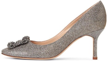 (Women) Manolo Blahnik Hangisi 'Silver Textile Pointed Toe' 9XX-0711-0015 (Women) Manolo Blahnik Hangisi 'Silver Textile Pointed Toe' 9XX-0711-0015
