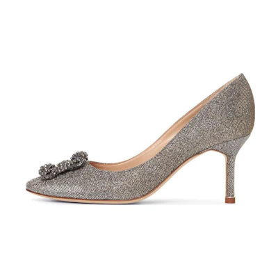 (W) Manolo Blahnik Hangisi 'Silver Textile Pointed Toe'
