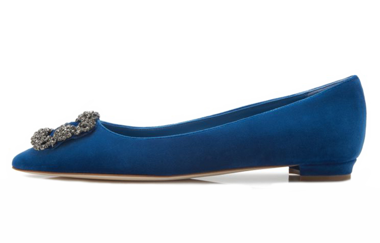 (Women) Manolo Blahnik Hangisi Flat 'Blue Velvet Crystal Buckle' 319-0994-0006