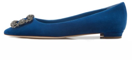 (Women) Manolo Blahnik Hangisi Flat 'Blue Velvet Crystal Buckle' 319-0994-0006 (Women) Manolo Blahnik Hangisi Flat 'Blue Velvet Crystal Buckle' 319-0994-0006
