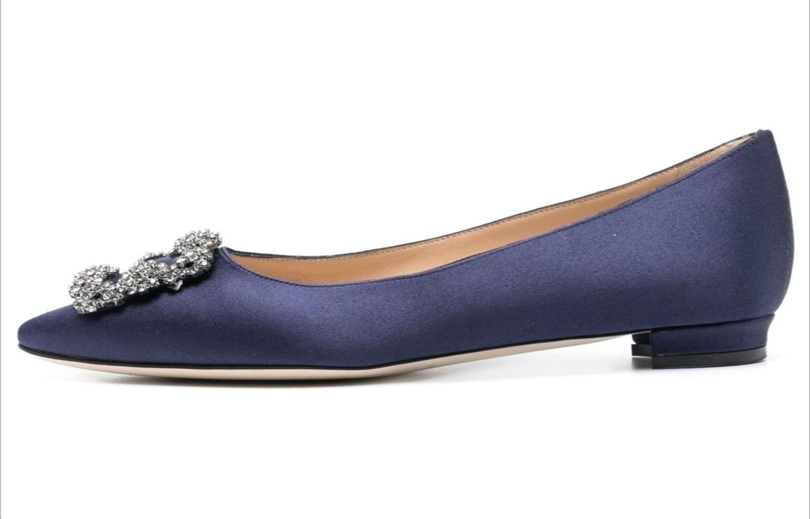 (Women) Manolo Blahnik Hangisi Flat 'Navy Satin Crystal Buckle' 9XX-0348-0033