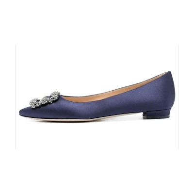 (W) Manolo Blahnik Hangisi Flat 'Navy Satin Crystal Buckle'
