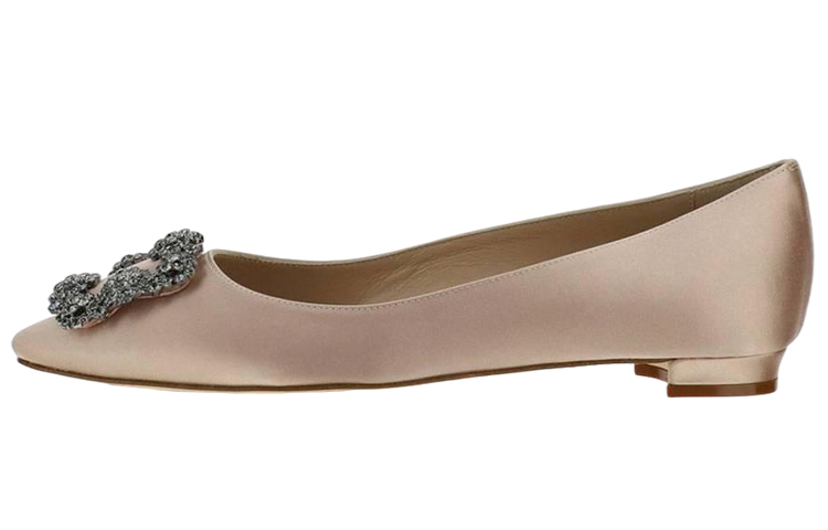 (W) Manolo Blahnik Hangisi Flat 'Pink Satin Crystal Buckle'