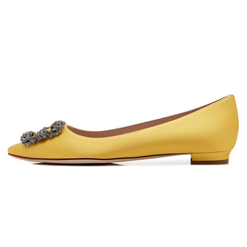 (W) Manolo Blahnik Hangisi Flat 'Yellow Satin Crystal Buckle'