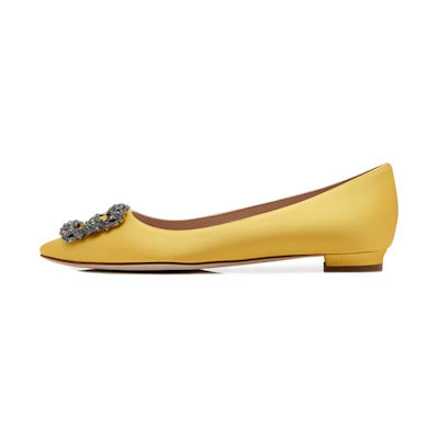 (W) Manolo Blahnik Hangisi Flat 'Yellow Satin Crystal Buckle'