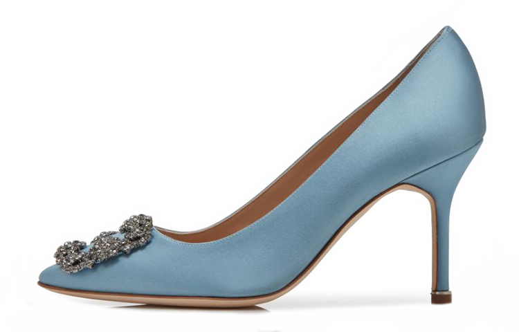 (W) Manolo Blahnik Hangisi High Heel 'Blue Satin Crystal Buckle'
