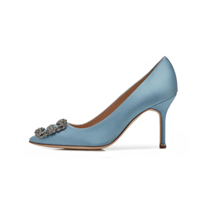 (W) Manolo Blahnik Hangisi High Heel 'Blue Satin Crystal Buckle'
