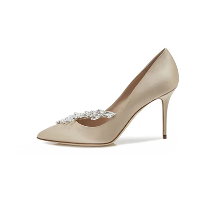 (W) Manolo Blahnik Hangisi High Heel 'Champagne Crystal Leaf'