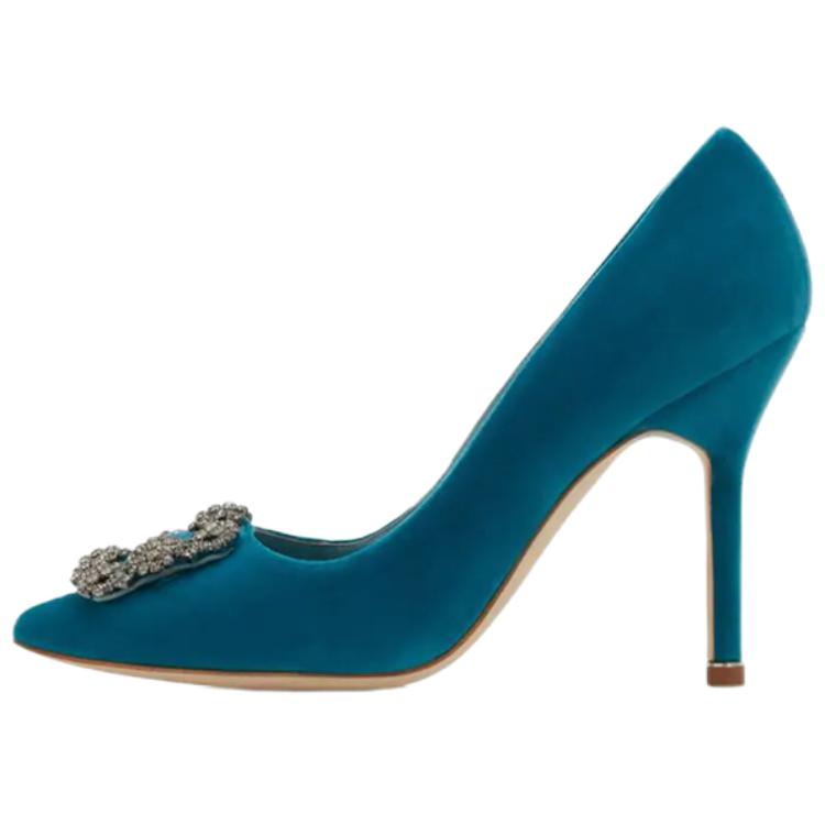 (W) Manolo Blahnik Hangisi High Heels 'Blue Velvet Jewel Buckle'