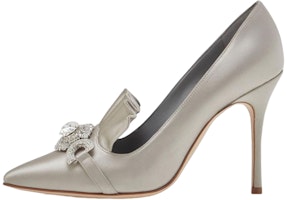 (Women) Manolo Blahnik Hangisi High Heels 'Crystal Buckle Silver Satin' 121-1389-0010 (Women) Manolo Blahnik Hangisi High Heels 'Crystal Buckle Silver Satin' 121-1389-0010