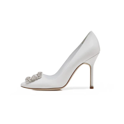 (W) Manolo Blahnik Hangisi High Heels 'Crystal Buckle White Leather'
