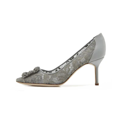 (W) Manolo Blahnik Hangisi High Heels 'Crystal Buckle Grey'