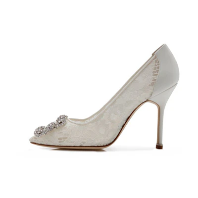 (W) Manolo Blahnik Hangisi High Heels 'Crystal Buckle White'