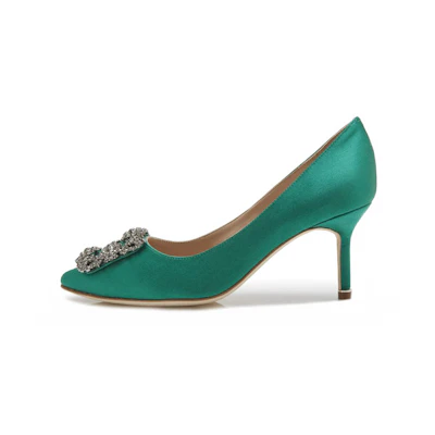 (W) Manolo Blahnik Hangisi High Heels 'Green Satin Crystal Buckle'