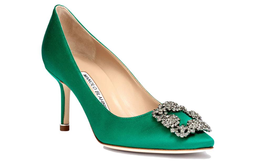 Shop MANOLO BLAHNIK 水晶鈕扣緞面高跟鞋 女款 綠色