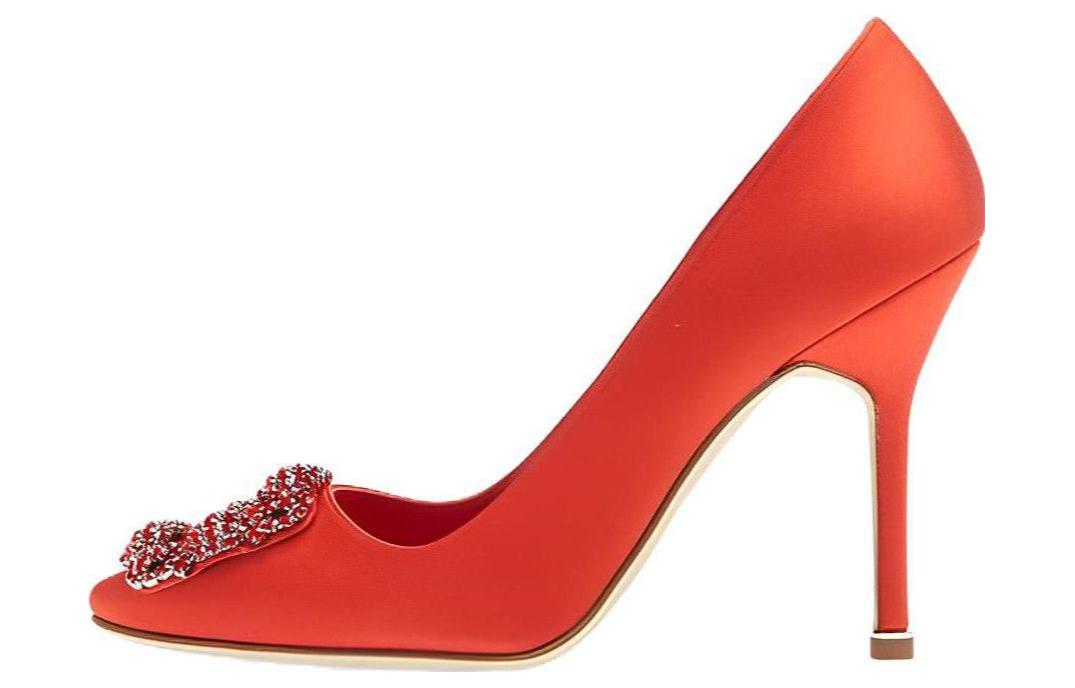 (Women) Manolo Blahnik Hangisi High Heels 'Red Satin Crystal Buckle' 9XX-0664-6049