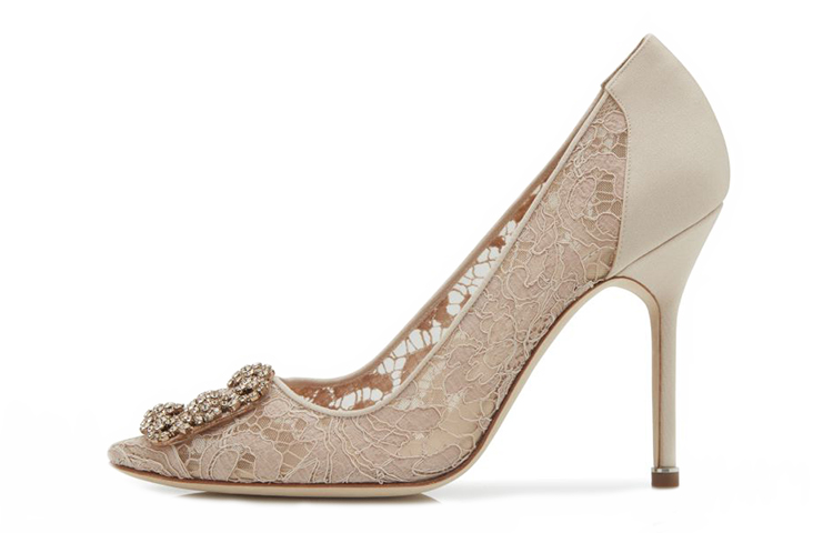 (W) Manolo Blahnik Hangisi Lace High Heel 'Pink Crystal Buckle'