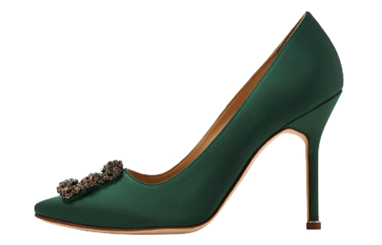 (Women) Manolo Blahnik Hangisi Stiletto Heels 'Green Satin Crystal Buckle' 323-2694-0001