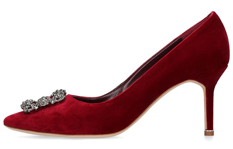 Buy MANOLO BLAHNIK Hangisi 絨面 尖頭套腳 細跟 高跟鞋 7cm 女款 紅色
