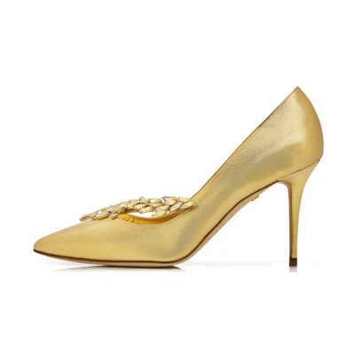 (W) Manolo Blahnik High Heels 'Gold Fabric Jewel Buckle'