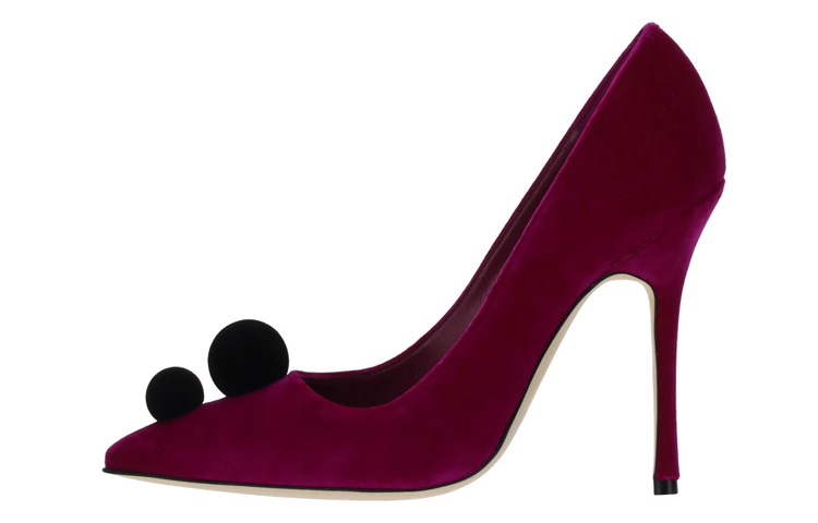 (Women) Manolo Blahnik High Heels 'Velvet Burgundy with Pom-Pom Embellishment' 322-2198-5268