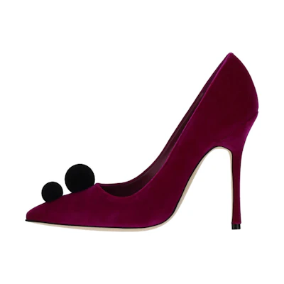 (W) Manolo Blahnik High Heels 'Velvet Burgundy with Pom-Pom Embellishment'