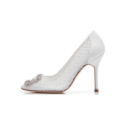 (W) Manolo Blahnik Lace Almond Toe High Heels 'White'