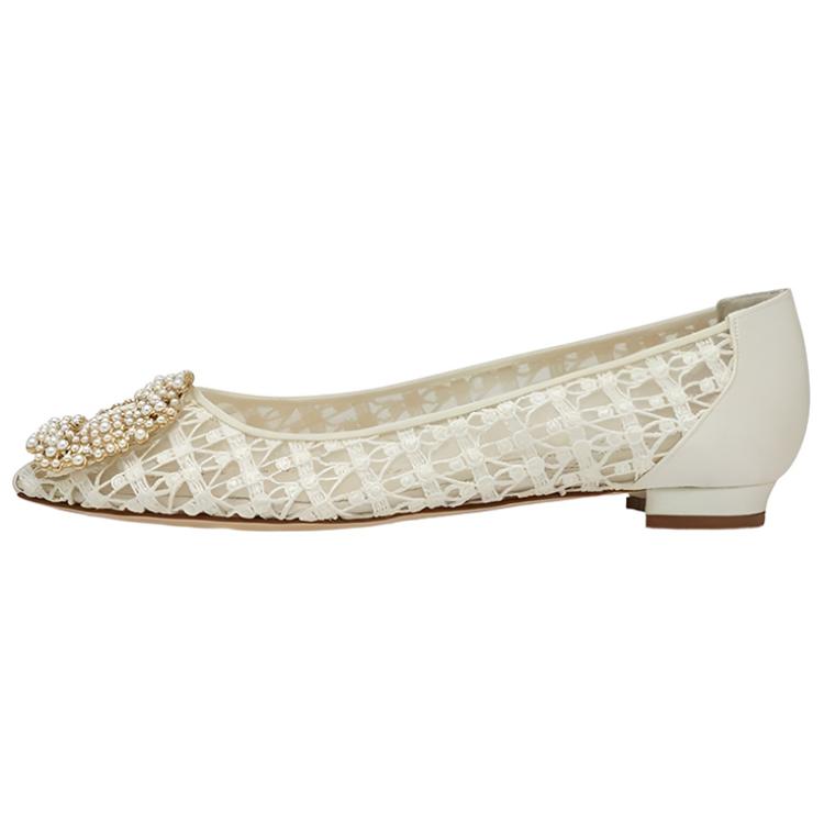 (W) Manolo Blahnik Lace Pearl Buckle Flats 'White'