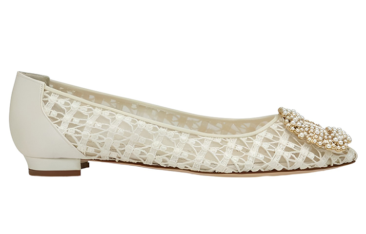 (W) Manolo Blahnik Lace Pearl Buckle Flats 'White' 圖 2