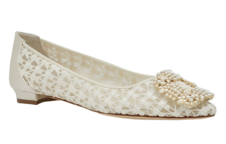 (W) Manolo Blahnik Lace Pearl Buckle Flats 'White' 圖 3