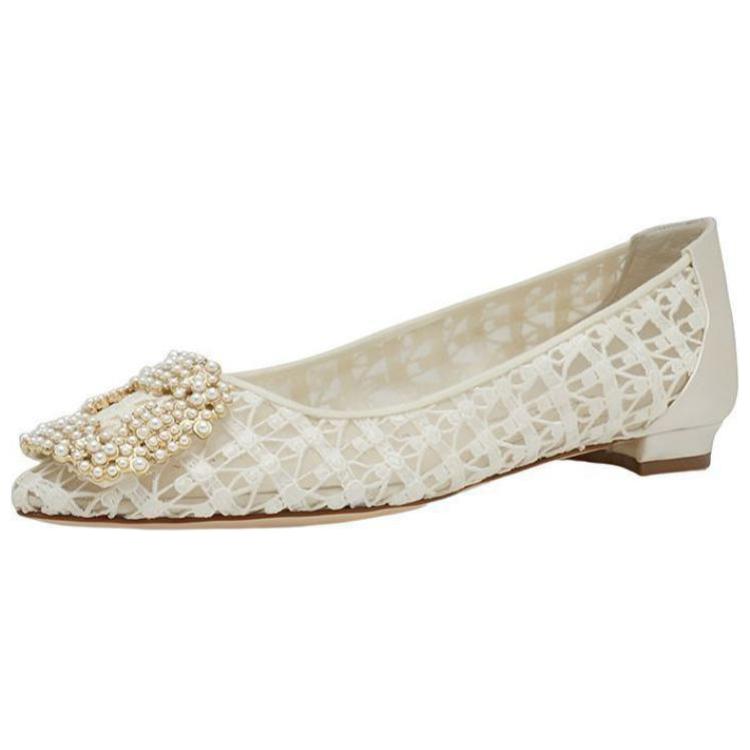 (W) Manolo Blahnik Lace Pearl Buckle Flats 'White' 圖 4