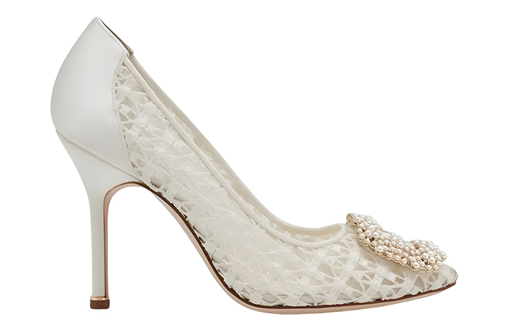 (W) Manolo Blahnik Lace Pearl Buckle High Heels 'White' 圖 2
