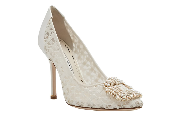 (W) Manolo Blahnik Lace Pearl Buckle High Heels 'White' 圖 3