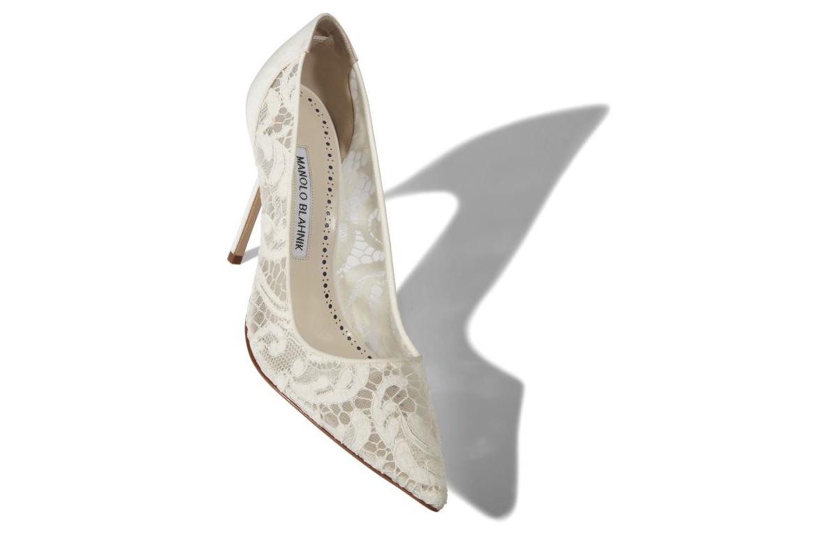 (W) Manolo Blahnik Lace Pointed Toe High Heels 'White' 圖 5