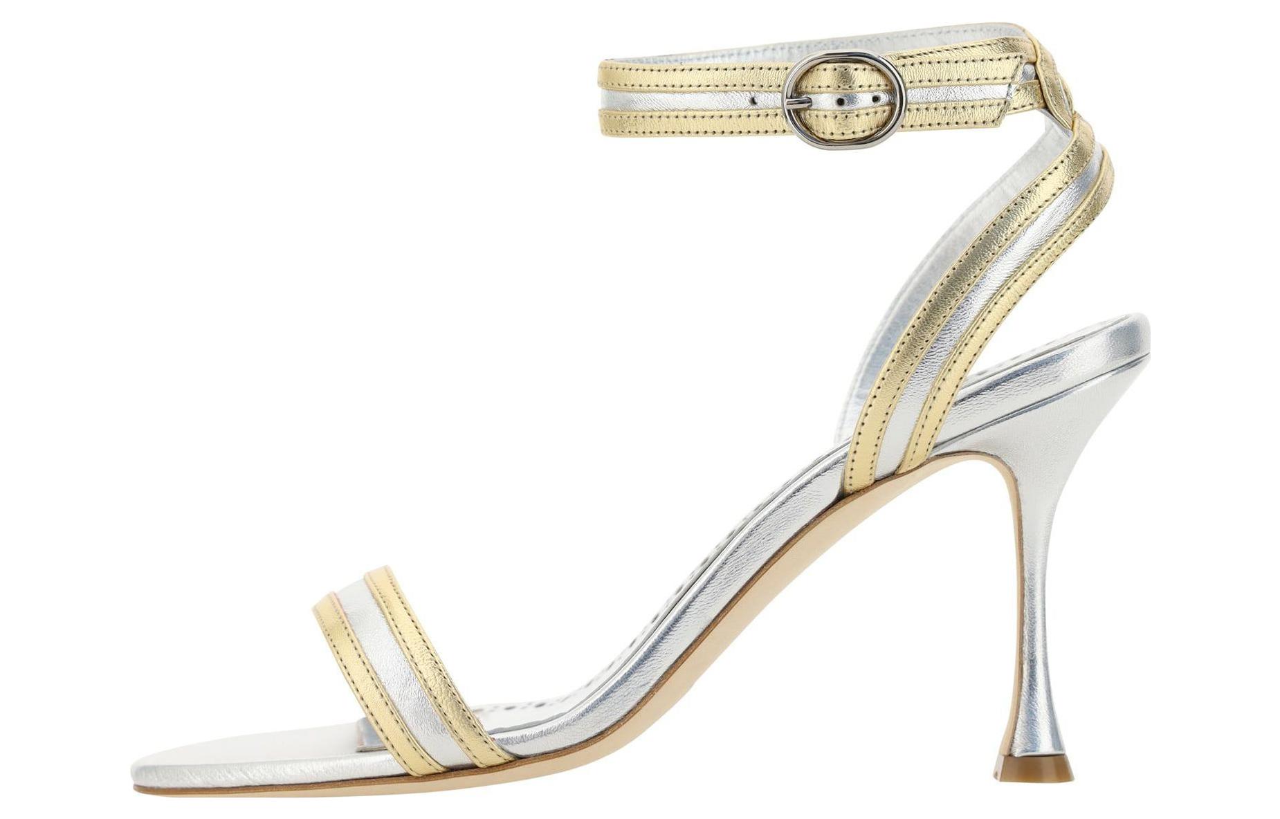 (W) Manolo Blahnik Leather Buckle High Heel 'Gold Silver Strap Sandals'
