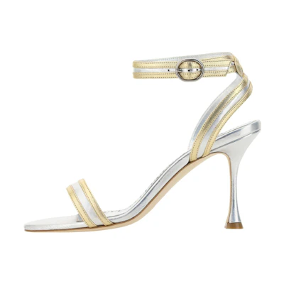 (W) Manolo Blahnik Leather Buckle High Heel 'Gold Silver Strap Sandals'
