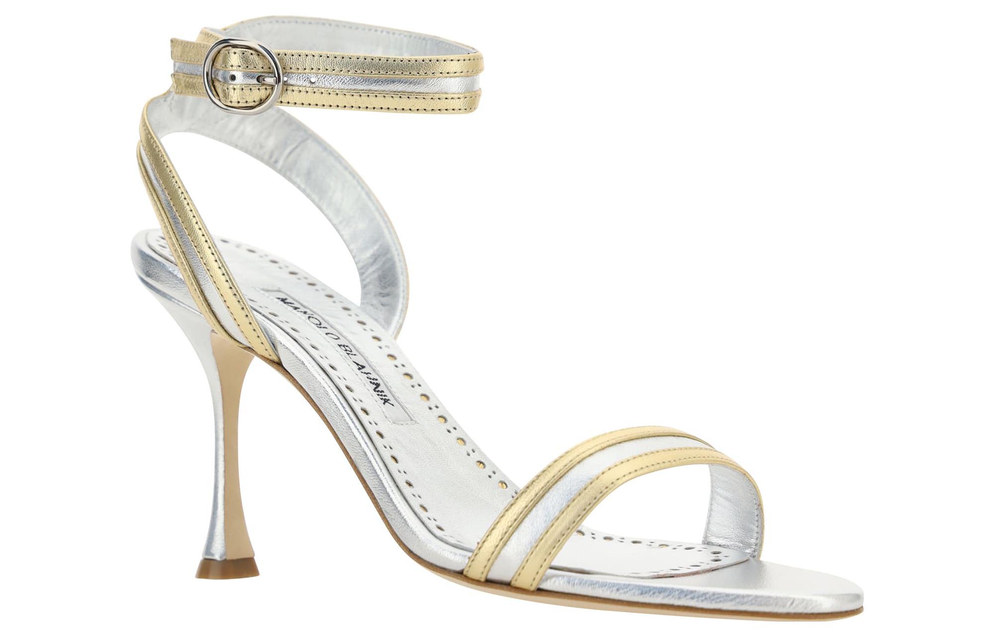 (W) Manolo Blahnik Leather Buckle High Heel 'Gold Silver Strap Sandals' 圖 3