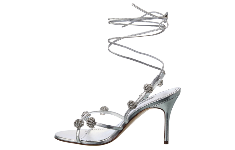 (Women) Manolo Blahnik Leather Crystal Stiletto 'Silver Fashion Sandal' 422-1510-0461