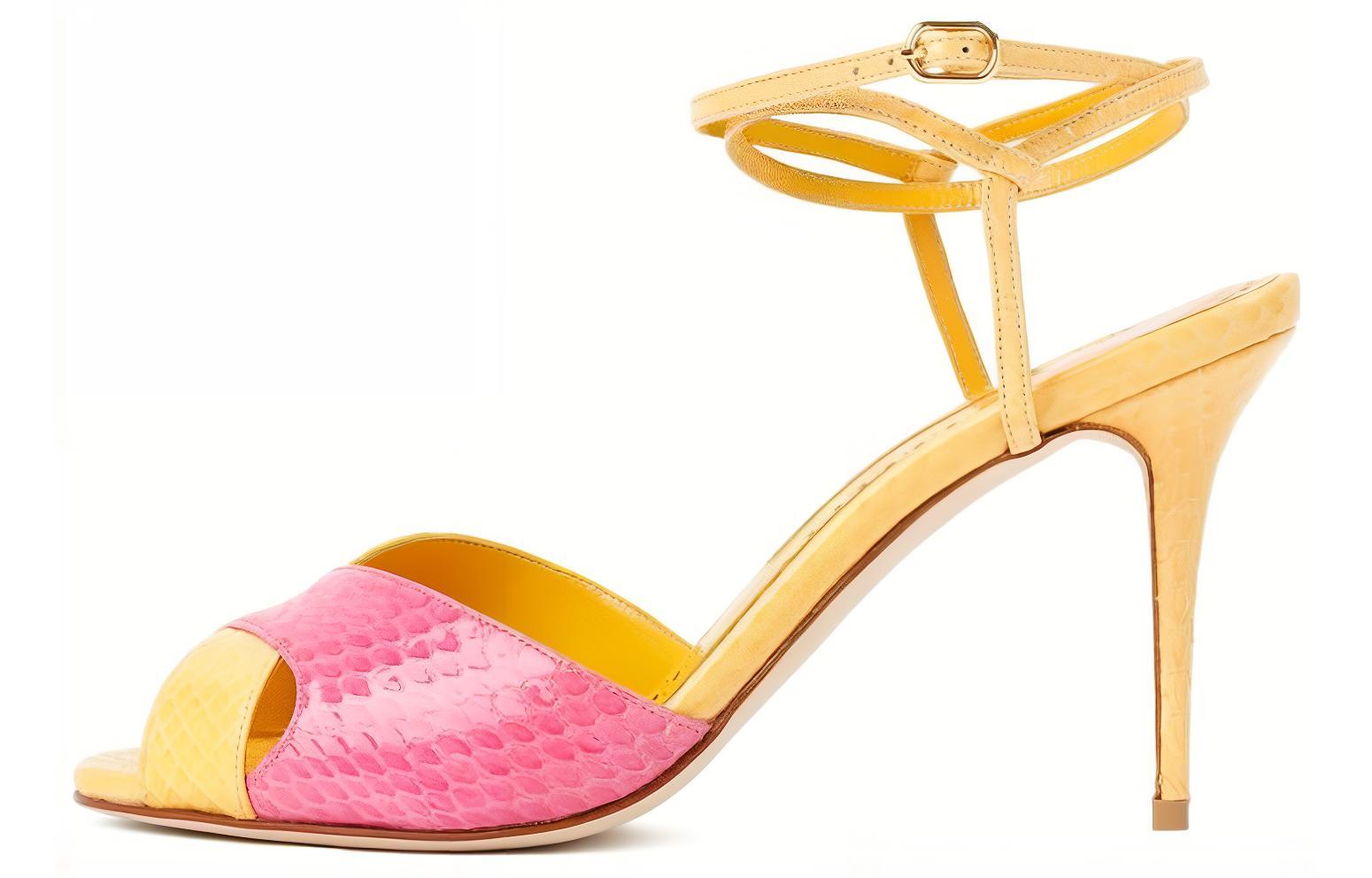 (Women) Manolo Blahnik Leather High-Heeled Sandals 'Yellow Pink' 123-2423-7328