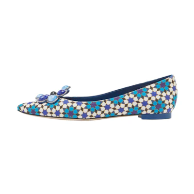(W) Manolo Blahnik Linen Flats 'Blue Print'