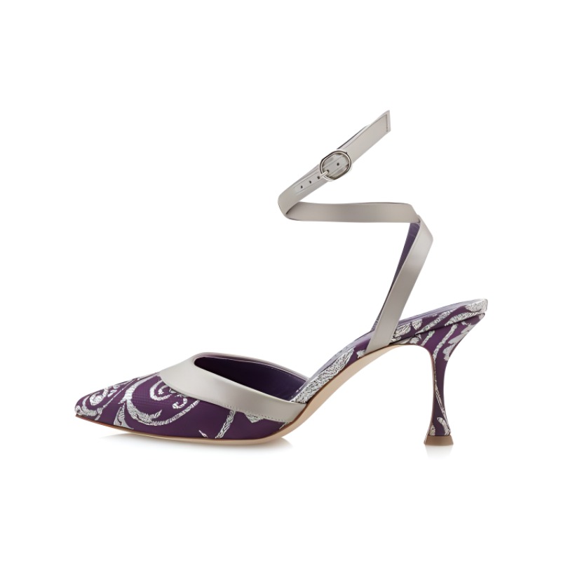 (W) Manolo Blahnik Mule High Heels 'Purple Silk Brocade'
