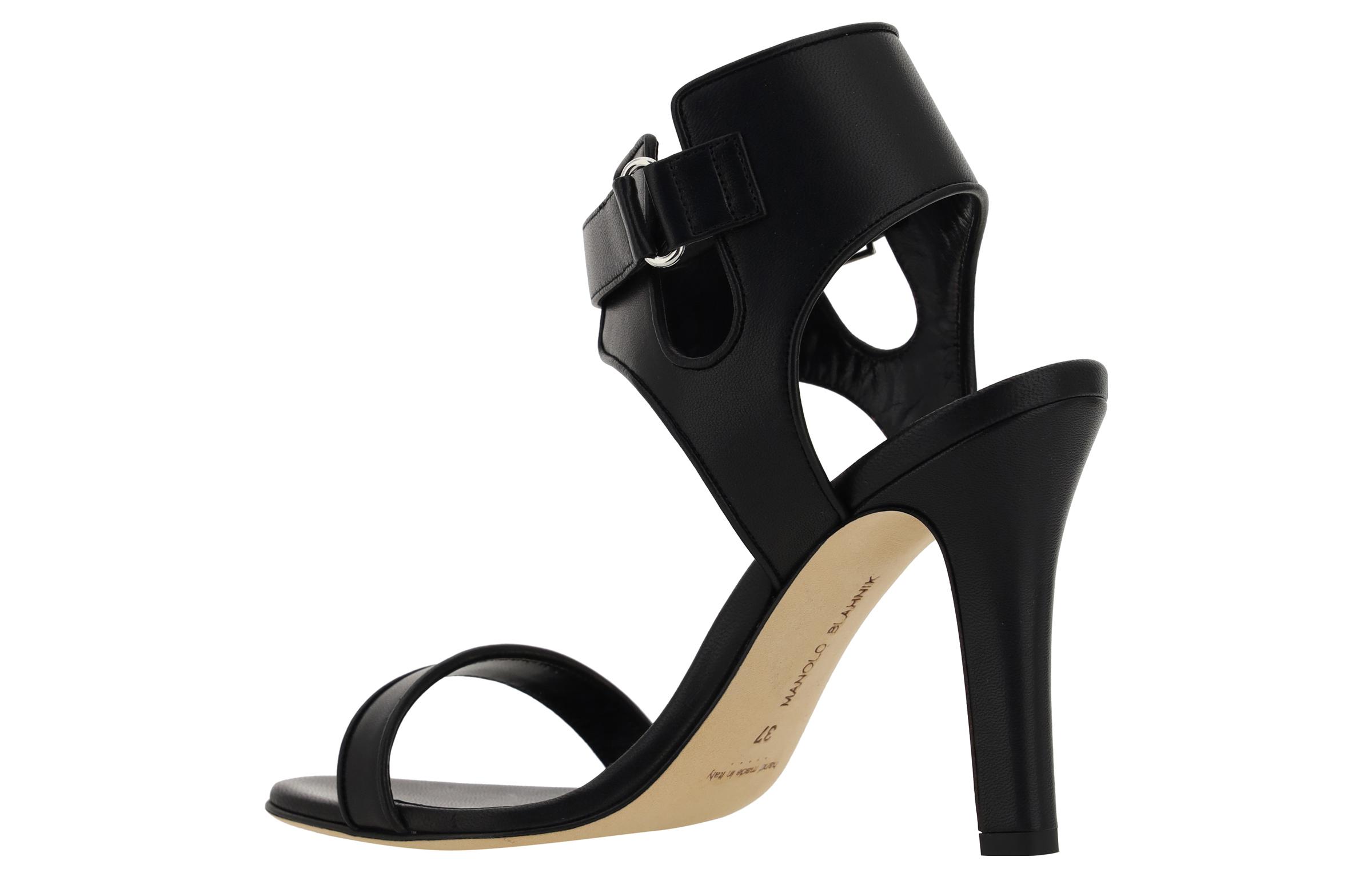 Shop (W) Manolo Blahnik Sandal Toe Terbuka 'Kulit Hitam' 223-1325-0015