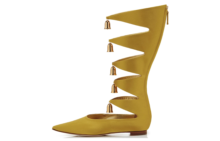 (Women) Manolo Blahnik Over-The-Knee High Top 'Yellow Satin Bell Charm' 421-1111-0001