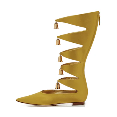 (W) Manolo Blahnik Over-The-Knee High Top 'Yellow Satin Bell Charm'