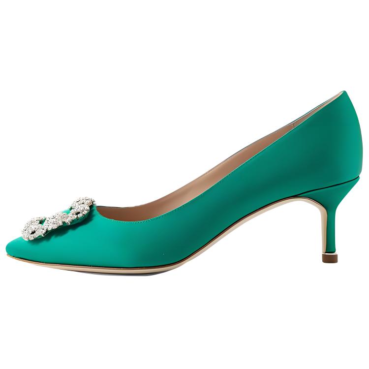 (Women) Manolo Blahnik Pointed-Toe Slip-Ons 'Green Kitten Heel' 9XX-0315-3206